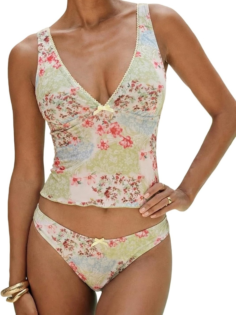 Tankini Swimsuit V Neck Tummy Control Bow Color Block Two Piece S. 1863/bb2-1